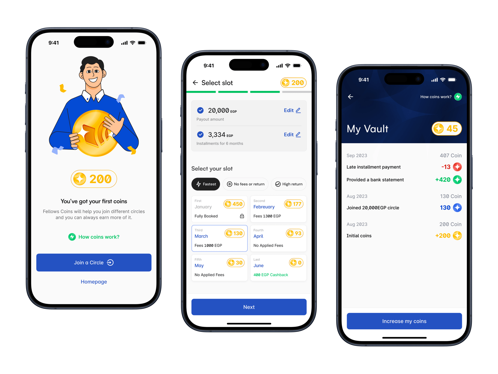 Three phone screens from Fellows Coins: earning the first coins, choosing a circle slot, and the coin vault with recent activity.