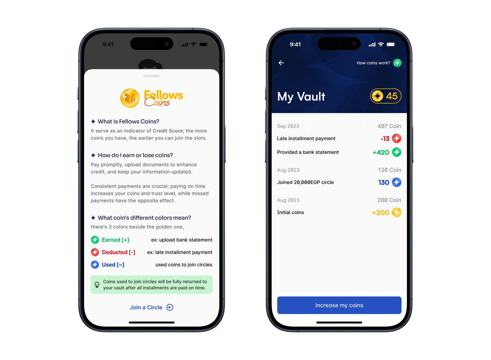 Two phone screens: an explainer of what Fellows Coins are and what the coin colors mean, and “My Vault” with a 45-coin balance and its history.