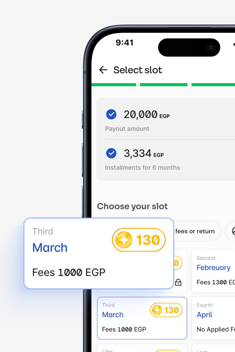 Phone screen for choosing a circle slot, with the third slot, March, highlighted: 130 coins and 1,000 EGP in fees.