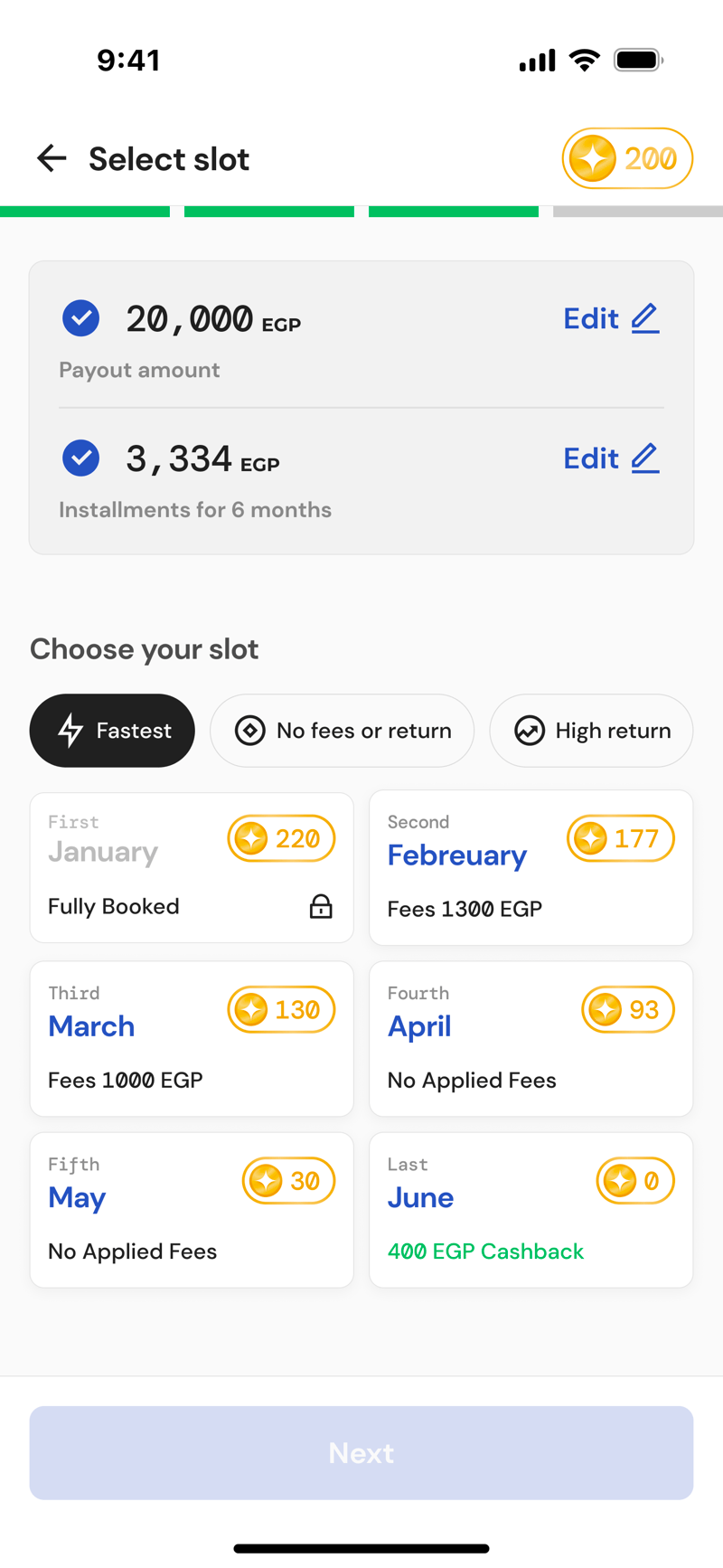 Phone screen “Select slot” listing six monthly slots from January to June with their coin cost and fees; January is fully booked and June gives 400 EGP cashback.